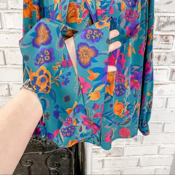 Vintage 80s Alfred Dunner Teal Pink Orange Floral Tie Neck Button Down Top 14 - Picture 2 of 9